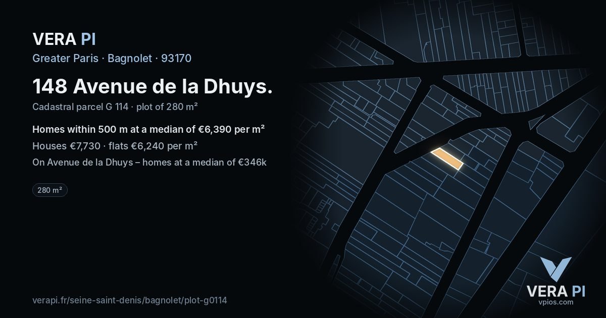 148 Avenue de la Dhuys, Bagnolet at night – the plot lit, the parcels around coloured by the prices near them