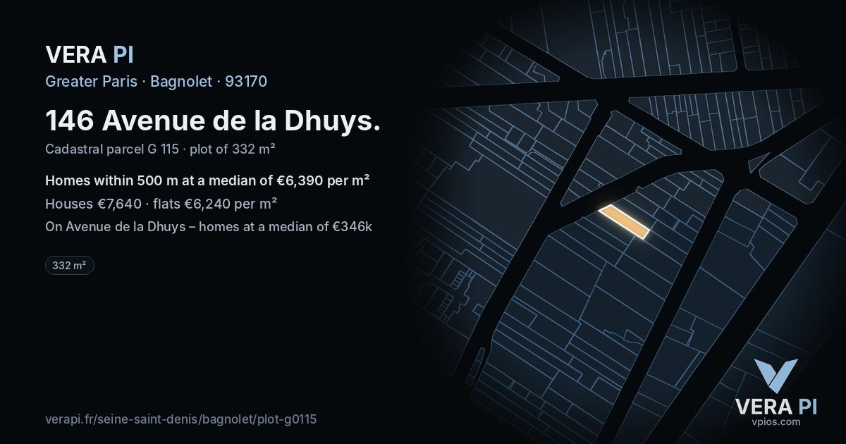 146 Avenue de la Dhuys, Bagnolet at night – the plot lit, the parcels around coloured by the prices near them
