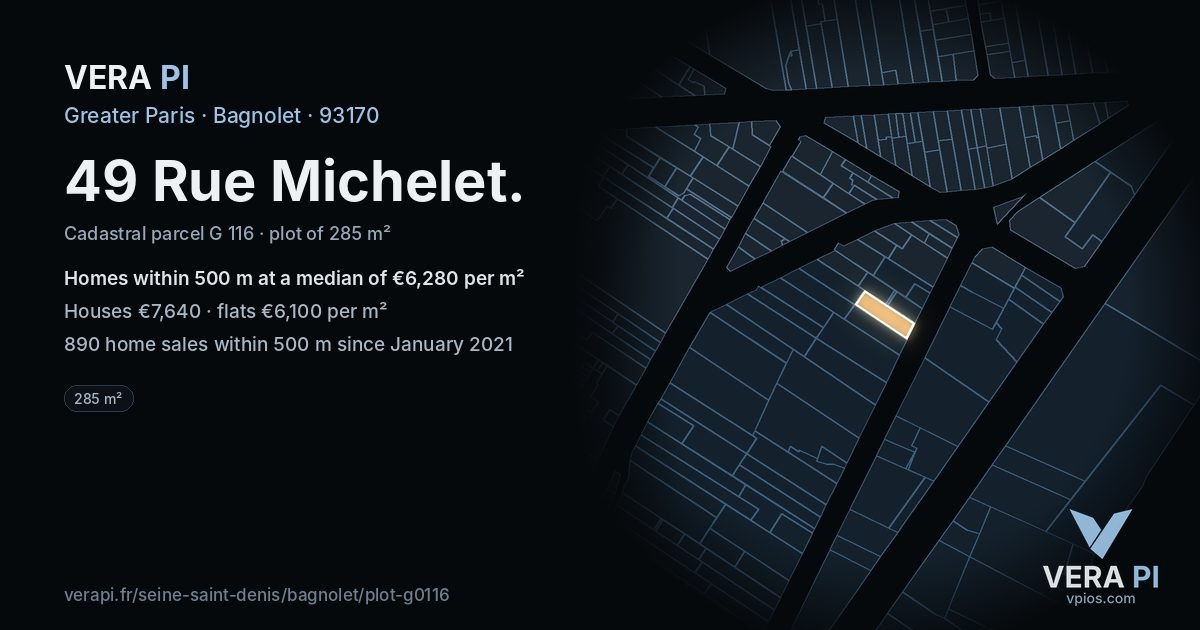 49 Rue Michelet, Bagnolet at night – the plot lit, the parcels around coloured by the prices near them