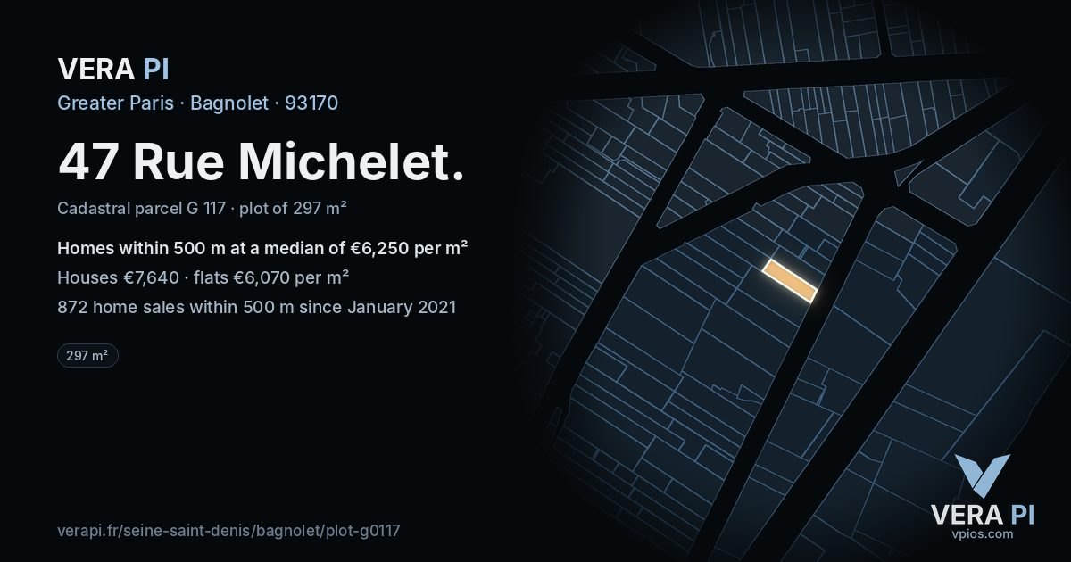 47 Rue Michelet, Bagnolet at night – the plot lit, the parcels around coloured by the prices near them