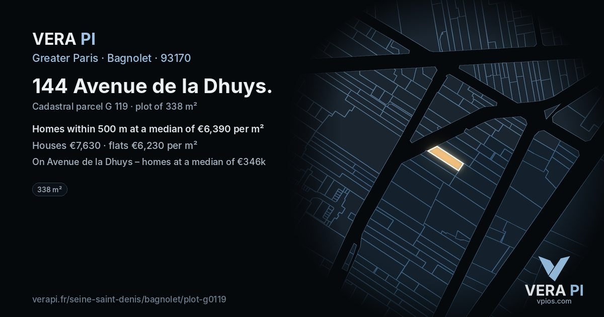 144 Avenue de la Dhuys, Bagnolet at night – the plot lit, the parcels around coloured by the prices near them