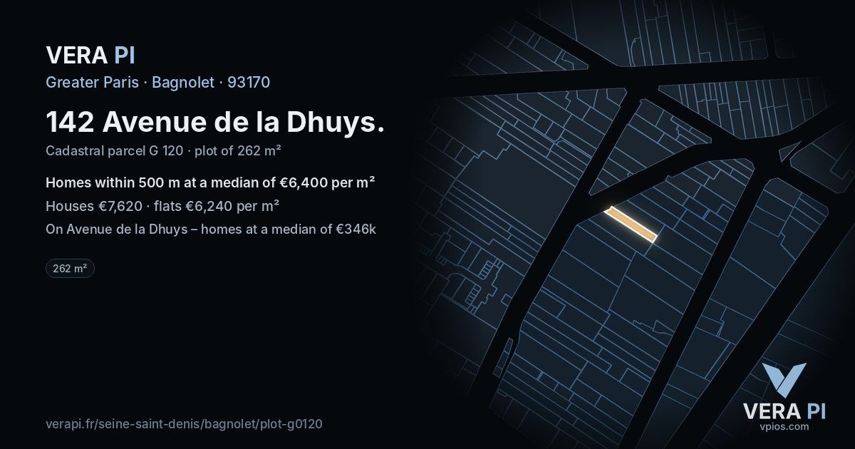 142 Avenue de la Dhuys, Bagnolet at night – the plot lit, the parcels around coloured by the prices near them