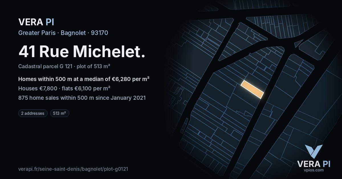 41 Rue Michelet, Bagnolet at night – the plot lit, the parcels around coloured by the prices near them