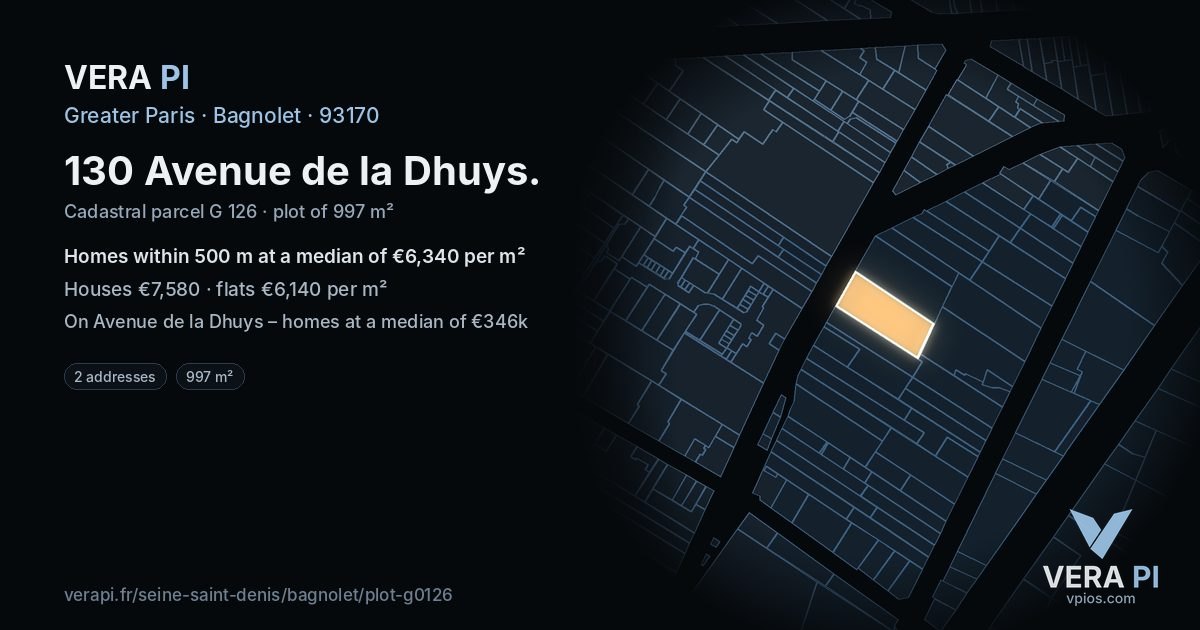 130 Avenue de la Dhuys, Bagnolet at night – the plot lit, the parcels around coloured by the prices near them