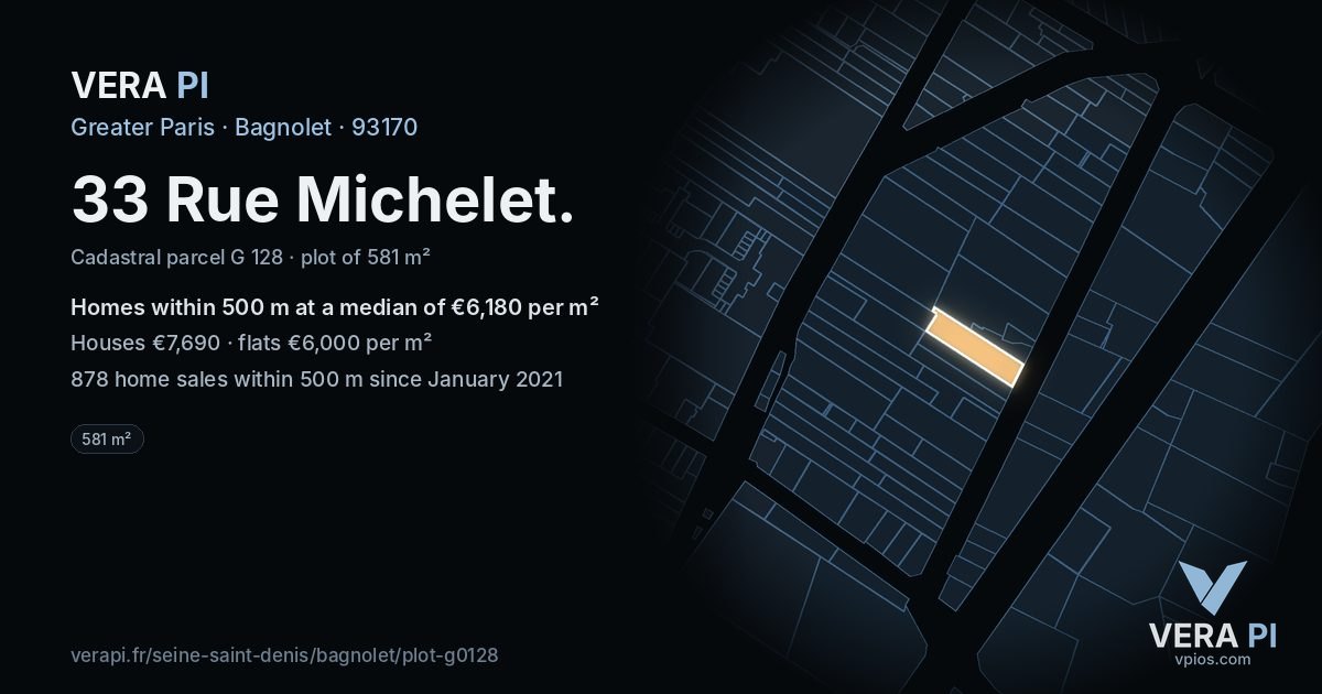 33 Rue Michelet, Bagnolet at night – the plot lit, the parcels around coloured by the prices near them