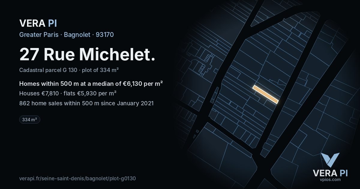 27 Rue Michelet, Bagnolet at night – the plot lit, the parcels around coloured by the prices near them
