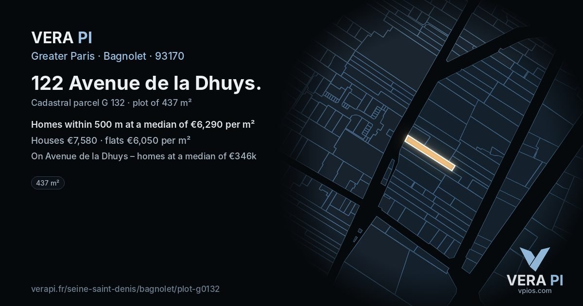 122 Avenue de la Dhuys, Bagnolet at night – the plot lit, the parcels around coloured by the prices near them