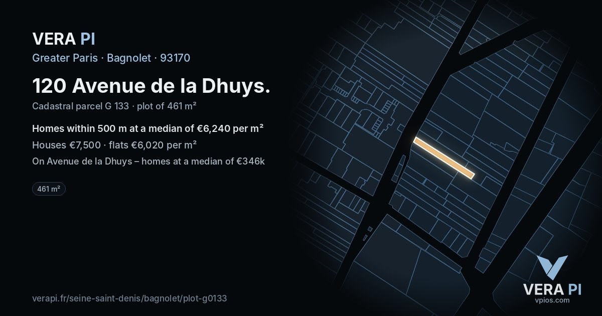 120 Avenue de la Dhuys, Bagnolet at night – the plot lit, the parcels around coloured by the prices near them