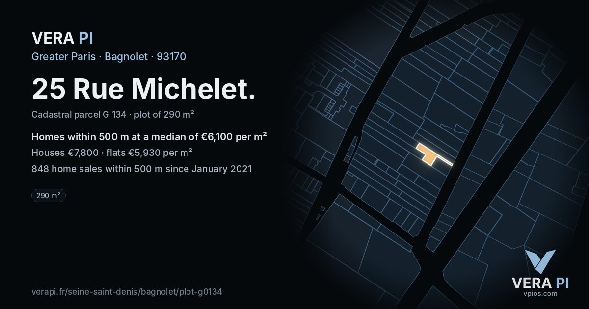 25 Rue Michelet, Bagnolet at night – the plot lit, the parcels around coloured by the prices near them