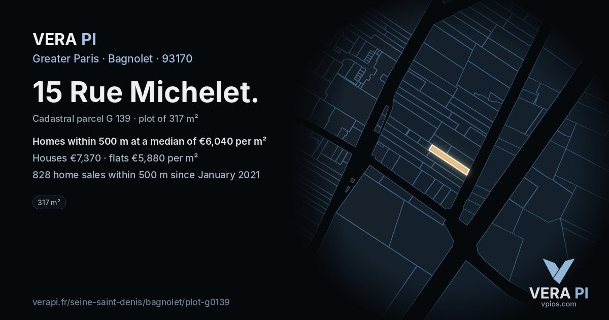 15 Rue Michelet, Bagnolet at night – the plot lit, the parcels around coloured by the prices near them