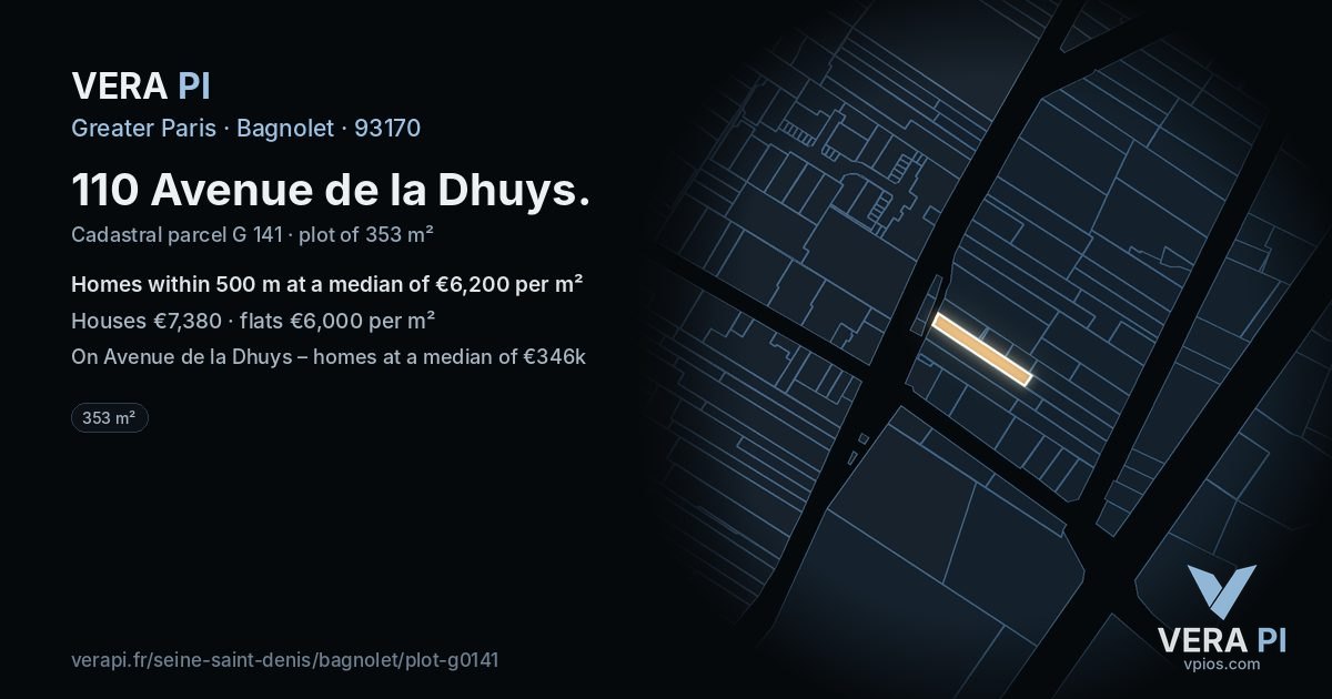110 Avenue de la Dhuys, Bagnolet at night – the plot lit, the parcels around coloured by the prices near them