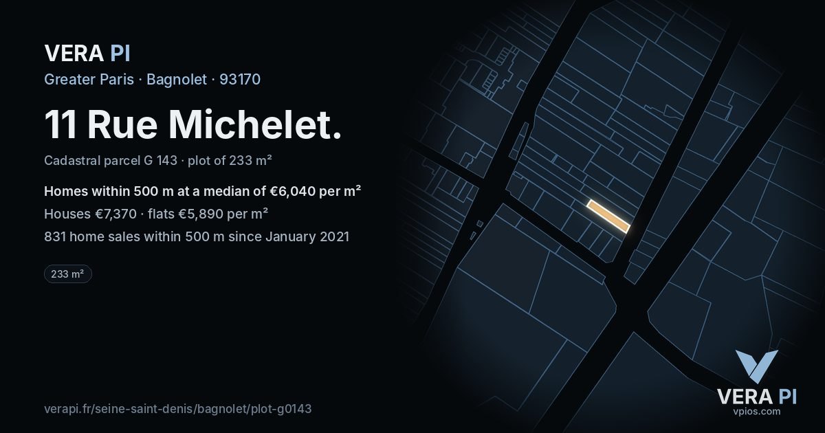 11 Rue Michelet, Bagnolet at night – the plot lit, the parcels around coloured by the prices near them