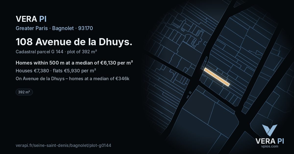 108 Avenue de la Dhuys, Bagnolet at night – the plot lit, the parcels around coloured by the prices near them