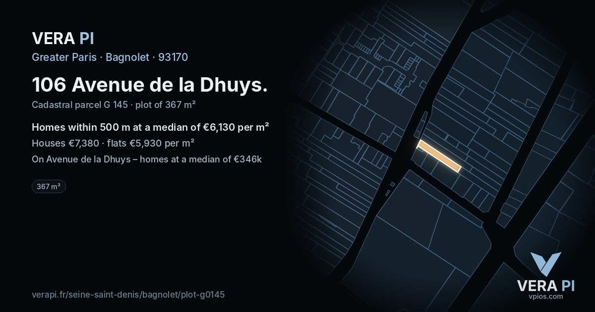 106 Avenue de la Dhuys, Bagnolet at night – the plot lit, the parcels around coloured by the prices near them