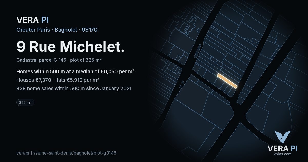 9 Rue Michelet, Bagnolet at night – the plot lit, the parcels around coloured by the prices near them
