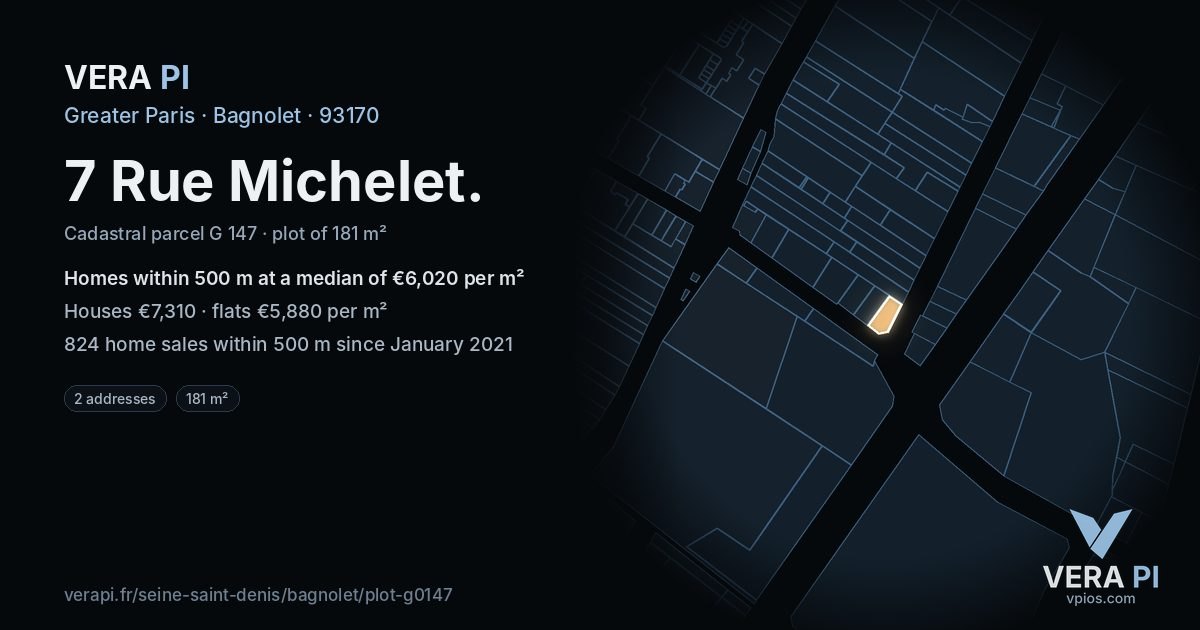 7 Rue Michelet, Bagnolet at night – the plot lit, the parcels around coloured by the prices near them