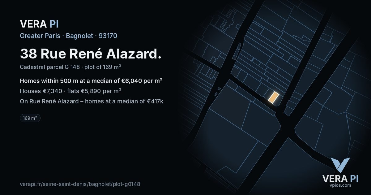 38 Rue René Alazard, Bagnolet at night – the plot lit, the parcels around coloured by the prices near them