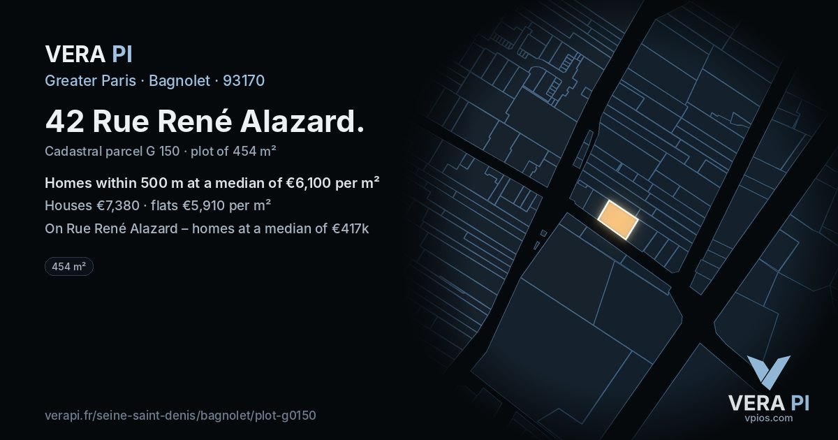 42 Rue René Alazard, Bagnolet at night – the plot lit, the parcels around coloured by the prices near them