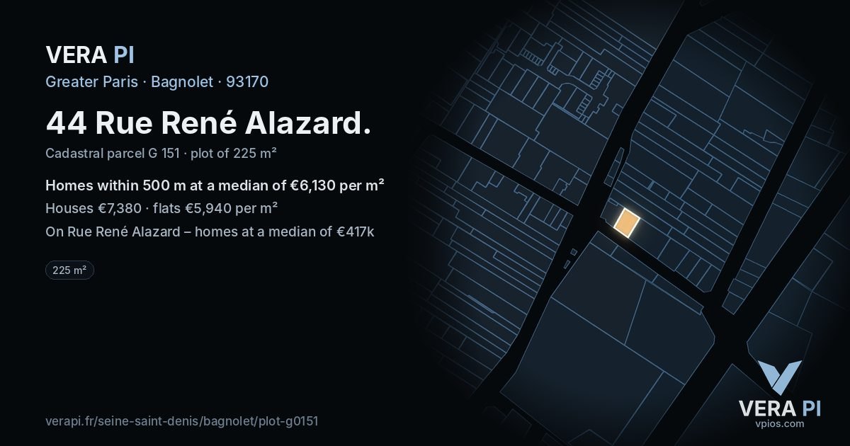 44 Rue René Alazard, Bagnolet at night – the plot lit, the parcels around coloured by the prices near them