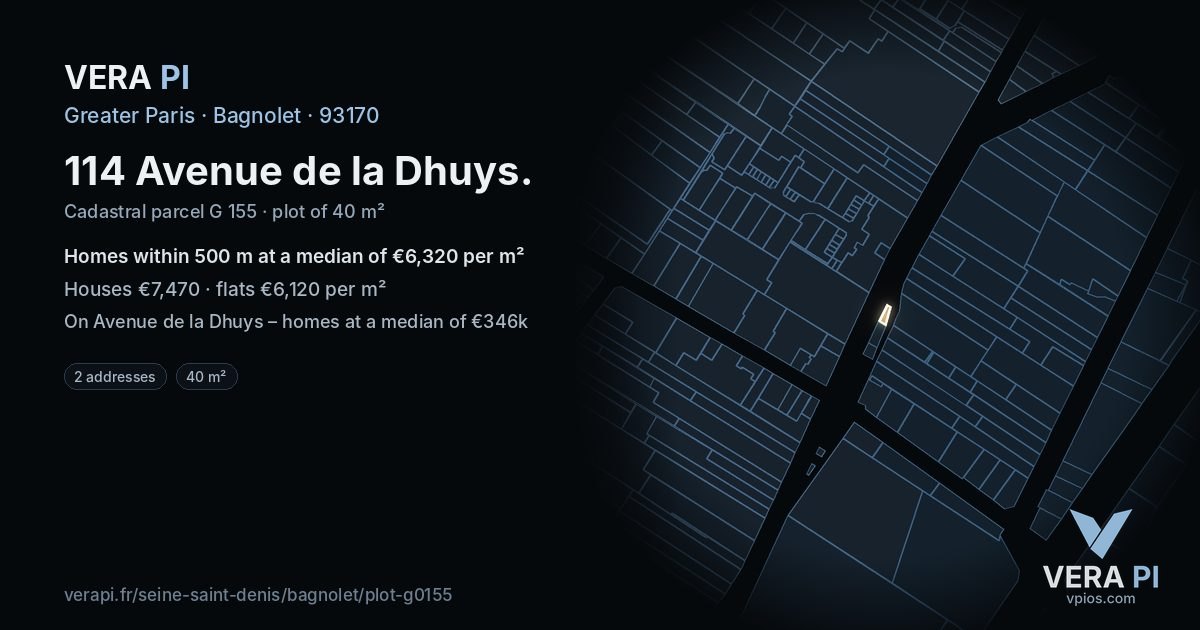 114 Avenue de la Dhuys, Bagnolet at night – the plot lit, the parcels around coloured by the prices near them
