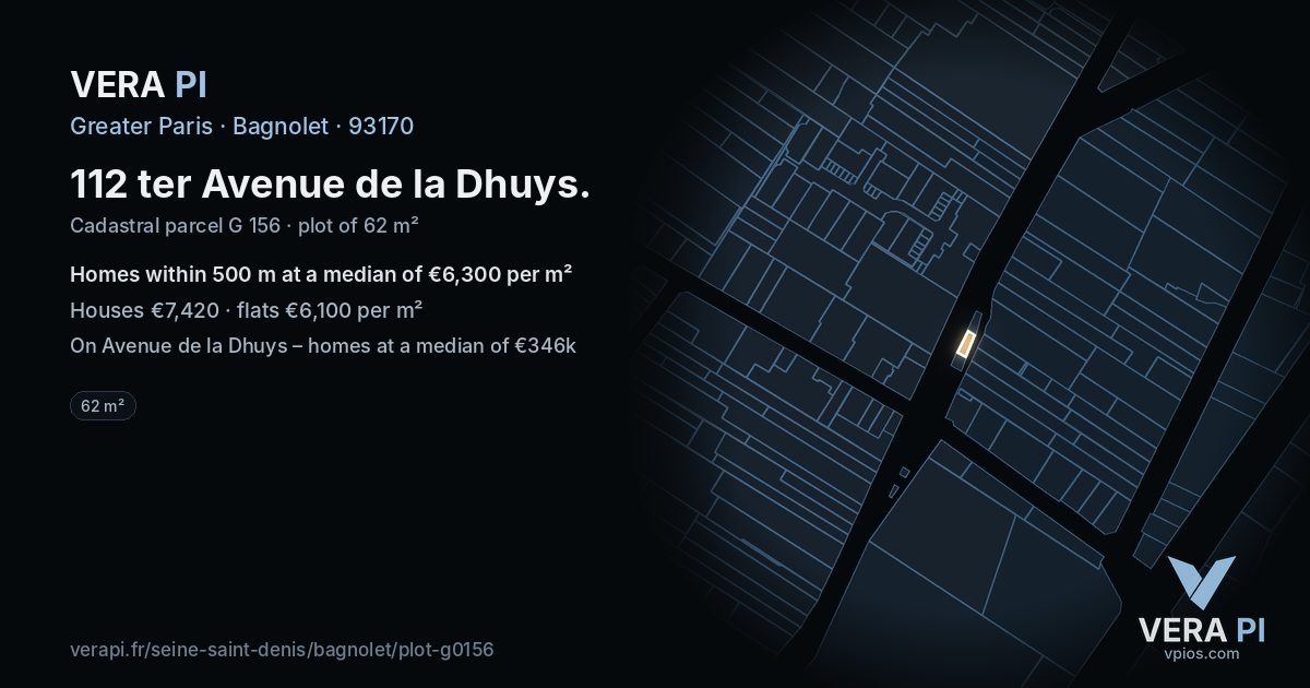 112 ter Avenue de la Dhuys, Bagnolet at night – the plot lit, the parcels around coloured by the prices near them