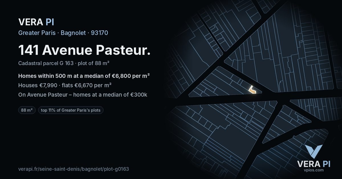 141 Avenue Pasteur, Bagnolet at night – the plot lit, the parcels around coloured by the prices near them