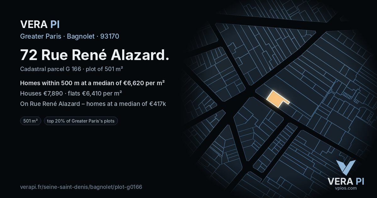 72 Rue René Alazard, Bagnolet at night – the plot lit, the parcels around coloured by the prices near them