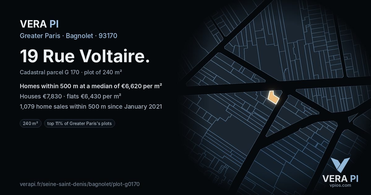 19 Rue Voltaire, Bagnolet at night – the plot lit, the parcels around coloured by the prices near them