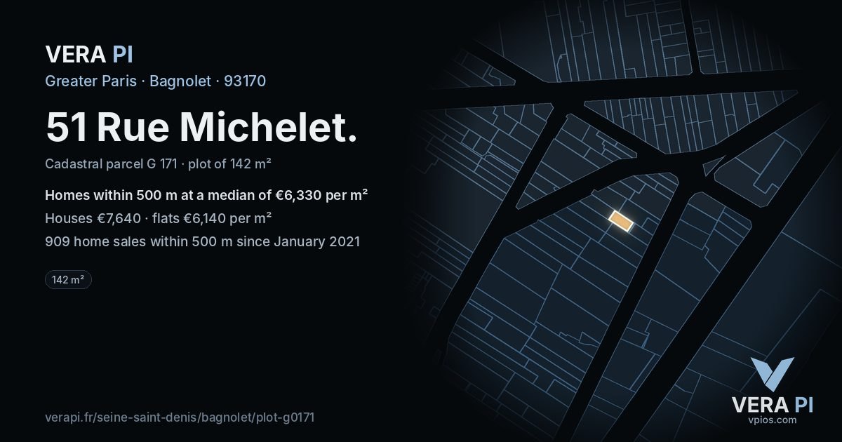51 Rue Michelet, Bagnolet at night – the plot lit, the parcels around coloured by the prices near them