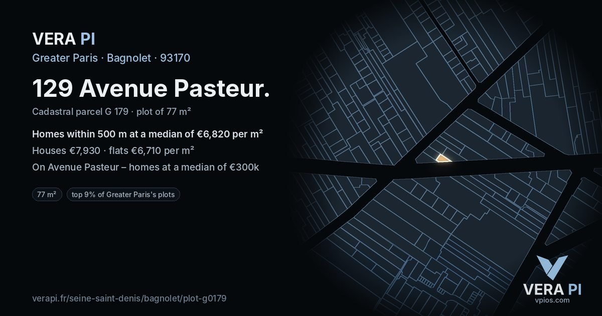129 Avenue Pasteur, Bagnolet at night – the plot lit, the parcels around coloured by the prices near them