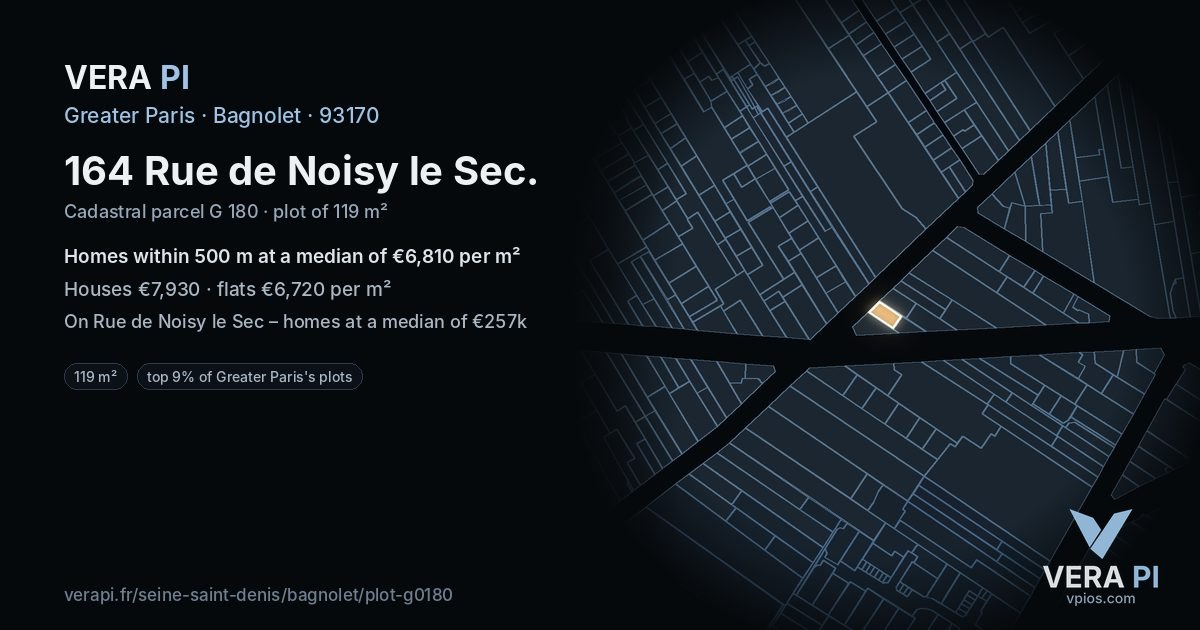 164 Rue de Noisy le Sec, Bagnolet at night – the plot lit, the parcels around coloured by the prices near them
