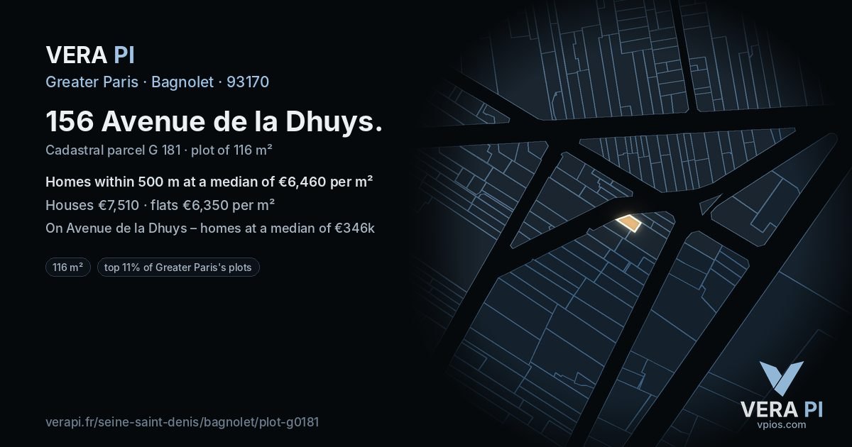 156 Avenue de la Dhuys, Bagnolet at night – the plot lit, the parcels around coloured by the prices near them