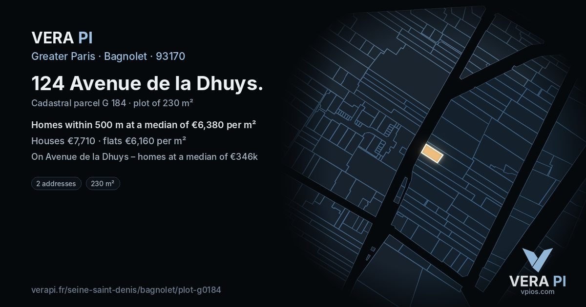 124 Avenue de la Dhuys, Bagnolet at night – the plot lit, the parcels around coloured by the prices near them