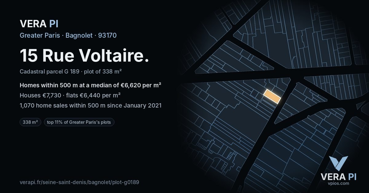 15 Rue Voltaire, Bagnolet at night – the plot lit, the parcels around coloured by the prices near them