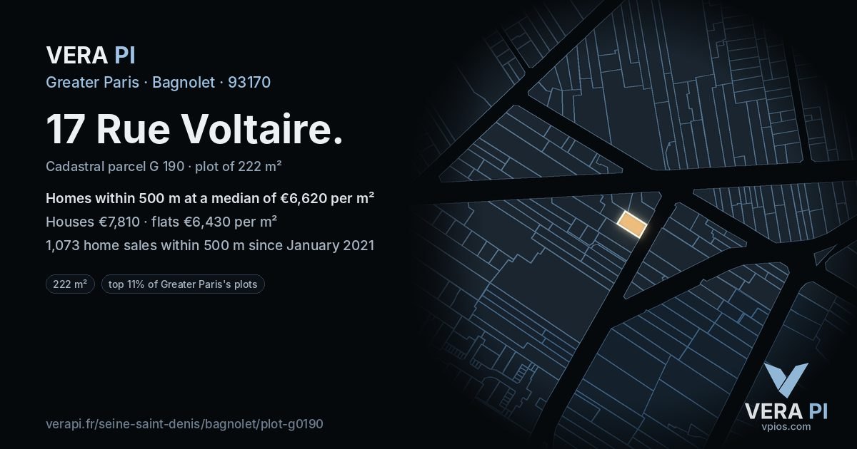 17 Rue Voltaire, Bagnolet at night – the plot lit, the parcels around coloured by the prices near them