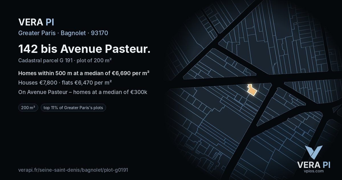 142 bis Avenue Pasteur, Bagnolet at night – the plot lit, the parcels around coloured by the prices near them