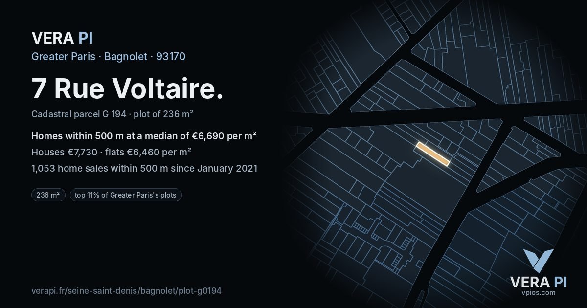 7 Rue Voltaire, Bagnolet at night – the plot lit, the parcels around coloured by the prices near them