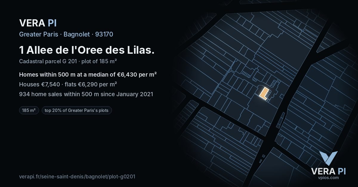 1 Allee de l'Oree des Lilas, Bagnolet at night – the plot lit, the parcels around coloured by the prices near them
