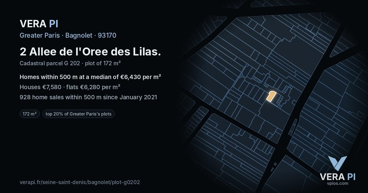 2 Allee de l'Oree des Lilas, Bagnolet at night – the plot lit, the parcels around coloured by the prices near them