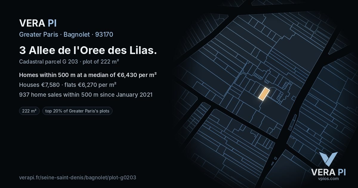 3 Allee de l'Oree des Lilas, Bagnolet at night – the plot lit, the parcels around coloured by the prices near them