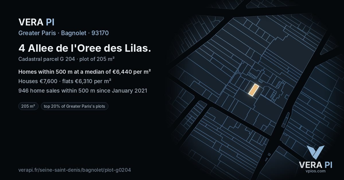 4 Allee de l'Oree des Lilas, Bagnolet at night – the plot lit, the parcels around coloured by the prices near them