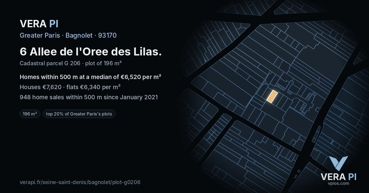 6 Allee de l'Oree des Lilas, Bagnolet at night – the plot lit, the parcels around coloured by the prices near them
