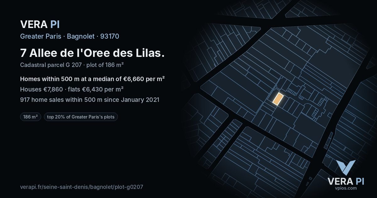 7 Allee de l'Oree des Lilas, Bagnolet at night – the plot lit, the parcels around coloured by the prices near them