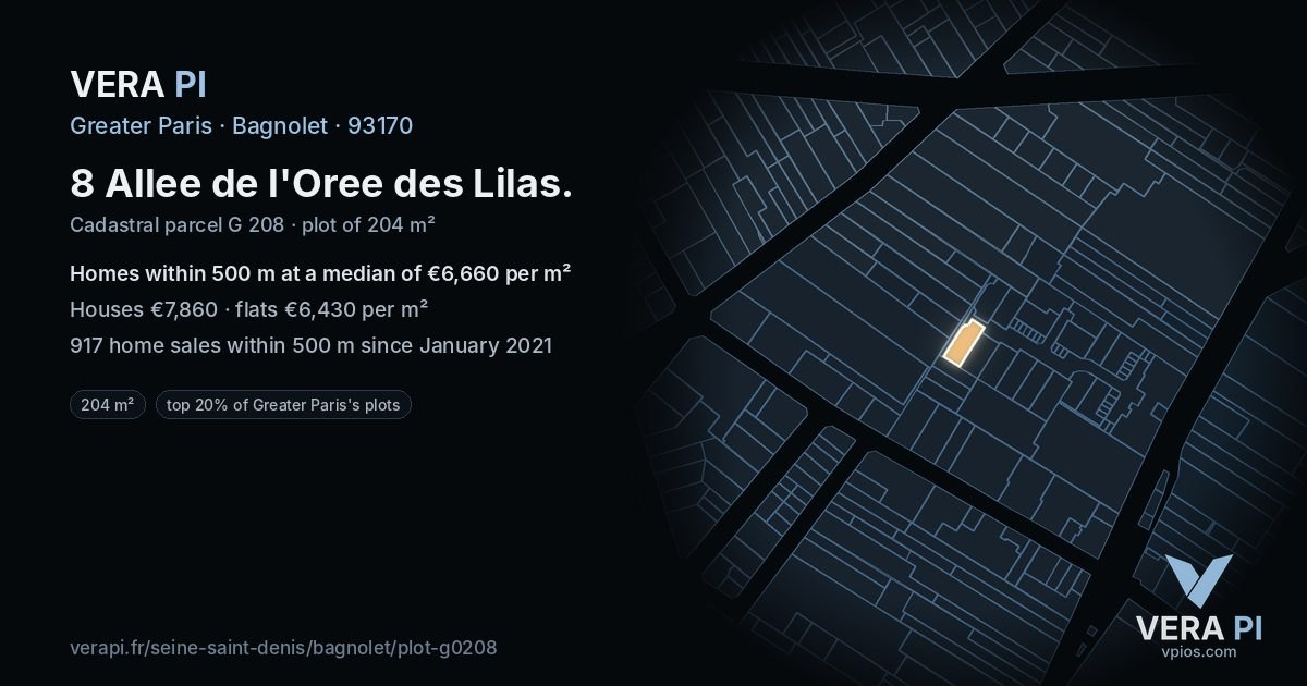 8 Allee de l'Oree des Lilas, Bagnolet at night – the plot lit, the parcels around coloured by the prices near them