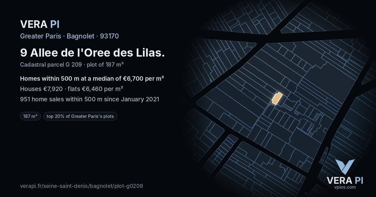 9 Allee de l'Oree des Lilas, Bagnolet at night – the plot lit, the parcels around coloured by the prices near them