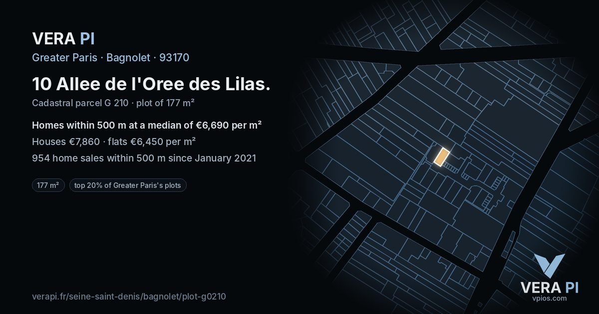 10 Allee de l'Oree des Lilas, Bagnolet at night – the plot lit, the parcels around coloured by the prices near them