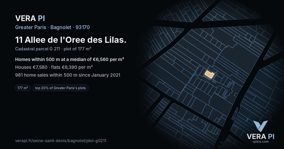 11 Allee de l'Oree des Lilas, Bagnolet at night – the plot lit, the parcels around coloured by the prices near them
