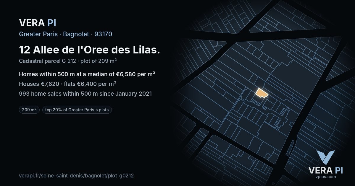 12 Allee de l'Oree des Lilas, Bagnolet at night – the plot lit, the parcels around coloured by the prices near them