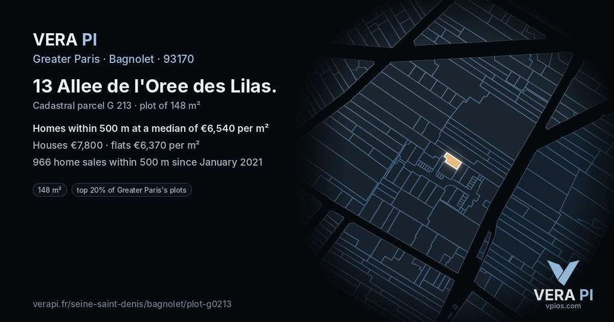 13 Allee de l'Oree des Lilas, Bagnolet at night – the plot lit, the parcels around coloured by the prices near them