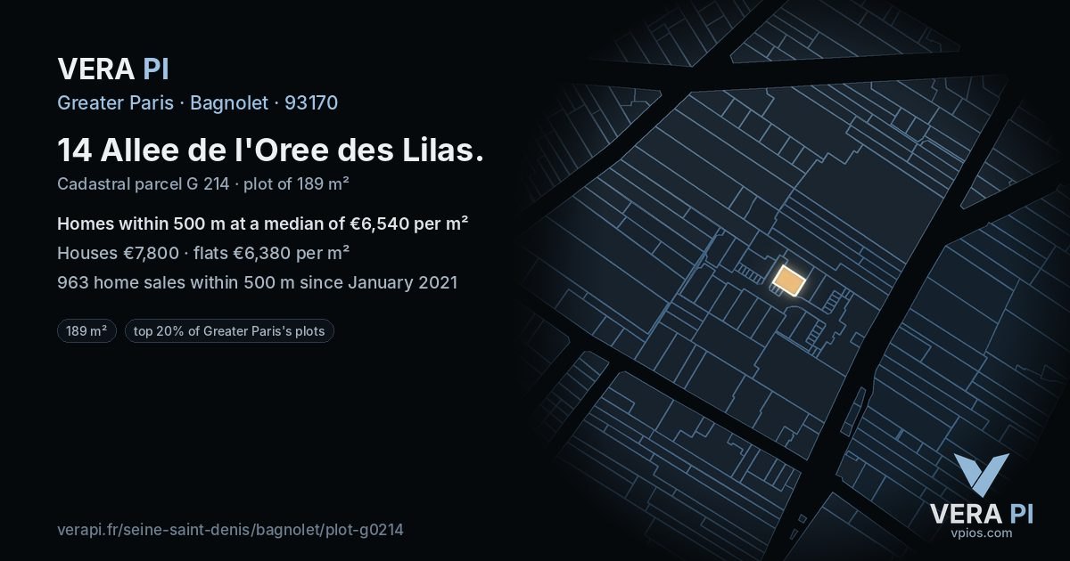 14 Allee de l'Oree des Lilas, Bagnolet at night – the plot lit, the parcels around coloured by the prices near them